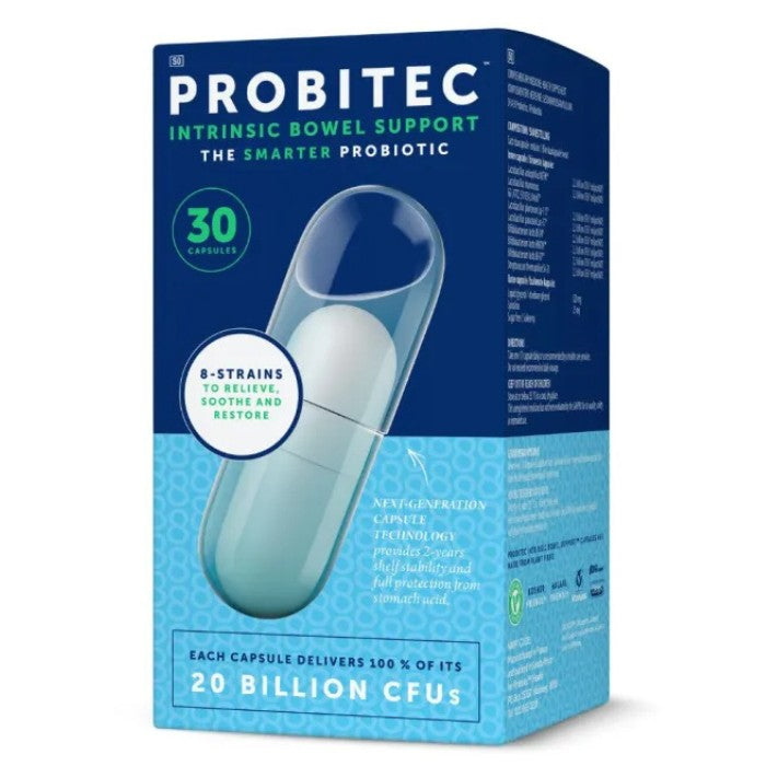 Alt tag: Probitec Intrinsic Bowel Support, 30 capsules, a probiotic with 8 strains and 20 billion CFUs to relieve, soothe, and restore gut health.