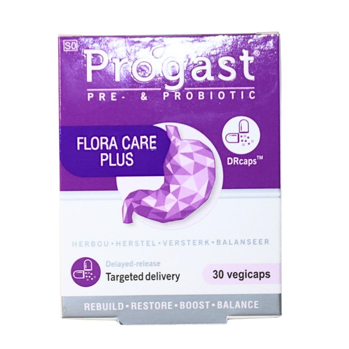 Alt text: Progast Flora Care Plus pre- and probiotic supplement for gut health, supporting balance, restoration, and targeted delivery with delayed-release vegicaps.