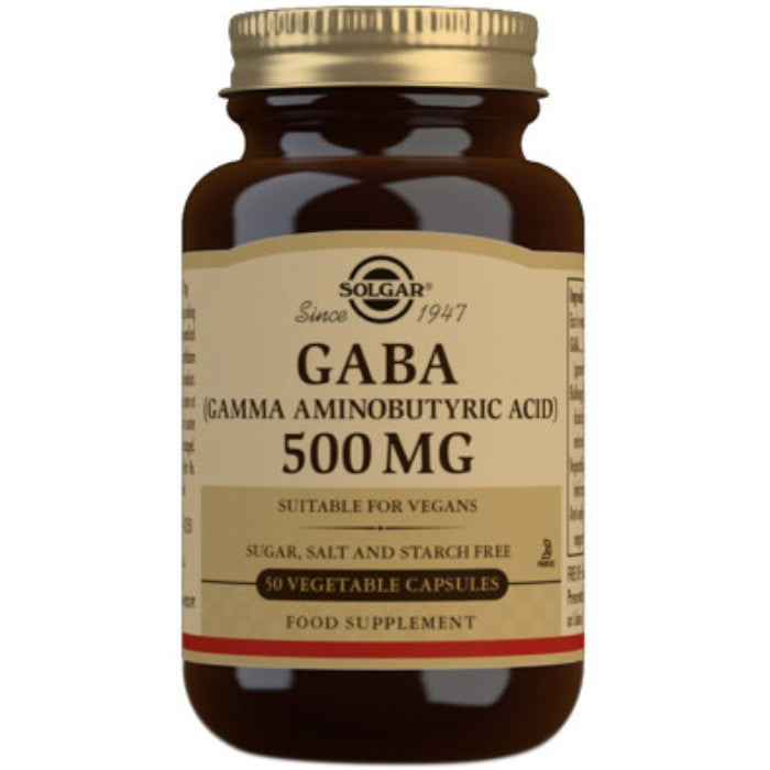 Solgar GABA 500mg 50 Vegetable Capsules – food supplement providing 500mg of gamma-aminobutyric acid per serving to support relaxation.