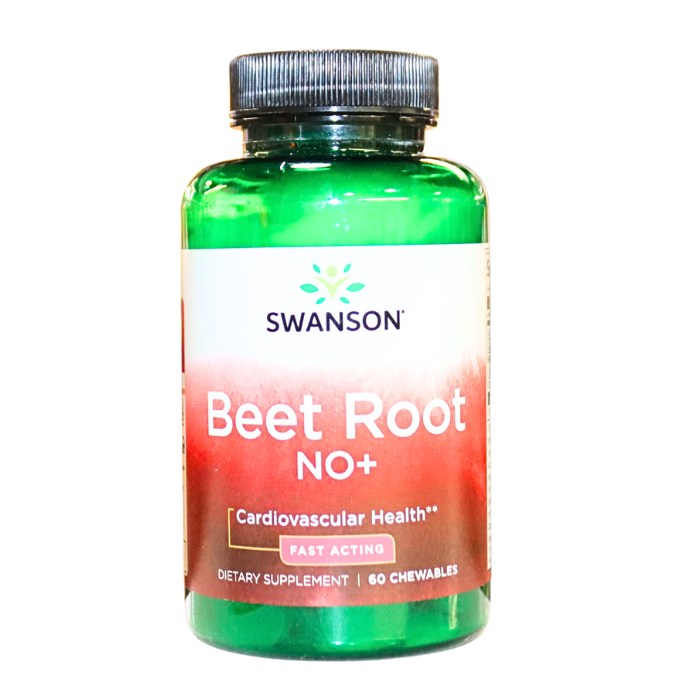 Alt tag: Swanson Beet Root NO+, 60 chewables, a fast-acting dietary supplement that supports cardiovascular health, circulation, and energy.