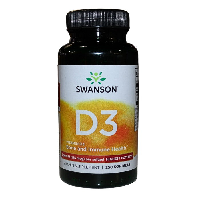 Alt tag: "Swanson Vitamin D3 5000 IU 250 Softgels – Supports bone strength, boosts immune function, enhances calcium absorption, and promotes overall wellness"
