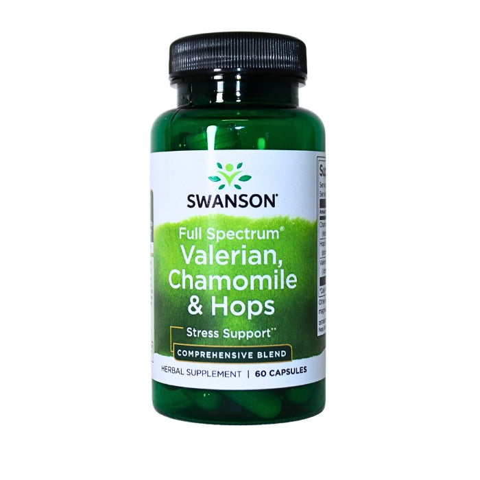 Alt text: Swanson Full Spectrum Valerian, Chamomile & Hops supplement formulated to support stress relief, relaxation, and restful sleep naturally.