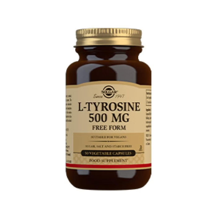 Solgar L Tyrosine 500 mg vegetable capsules bottle for cognitive support and amino acid nutritional support
