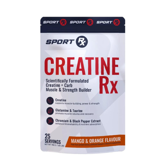 SPORT RX 100% Pure Creatine support strength recovery lean muscle and performance with added glutamine taurine and chromium.