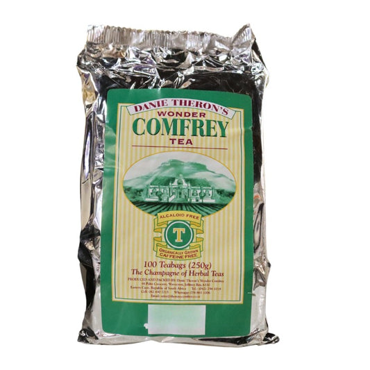 Danie Theron’s Wonder Comfrey Tea – 100 organic, caffeine-free, alkaloid-free herbal teabags known as the "Champagne of Herbal Teas."