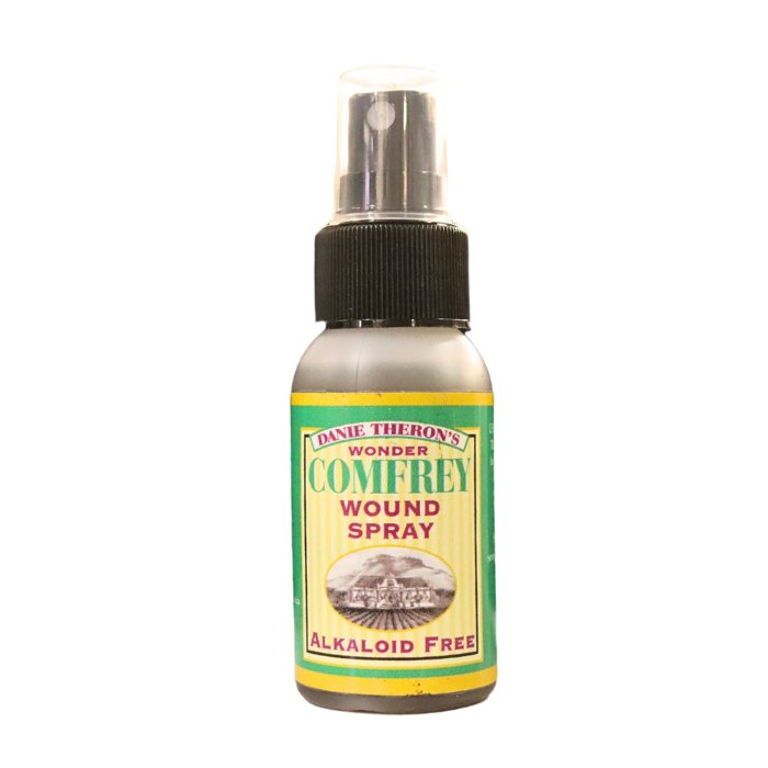 Danie Theron’s Wonder Comfrey Wound Spray – natural, alkaloid-free herbal remedy for external wound care and skin healing support.