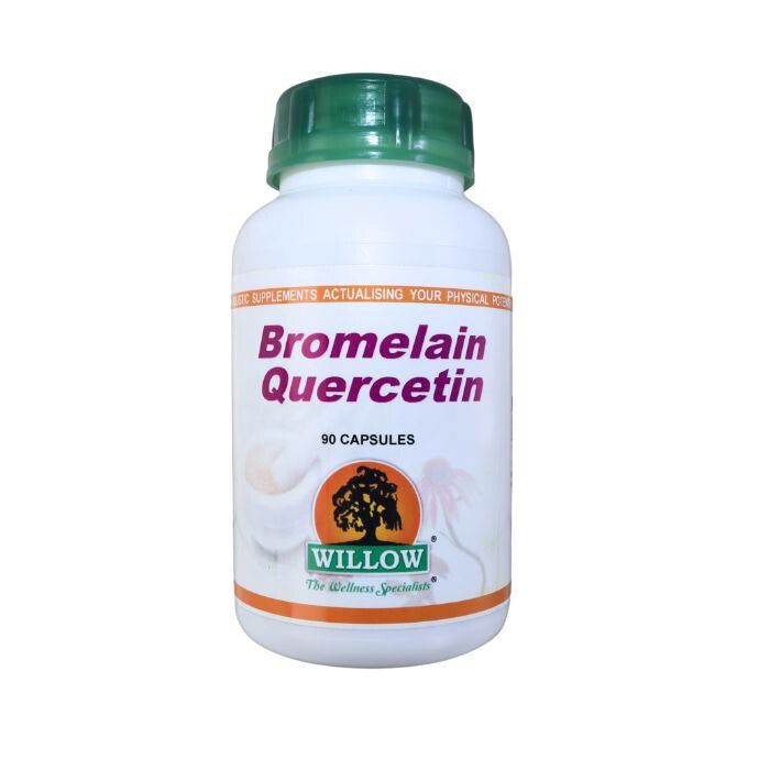 Bottle of Willow Bromelain Quercetin 90 Capsules, a natural supplement designed to support inflammation reduction and immune health.