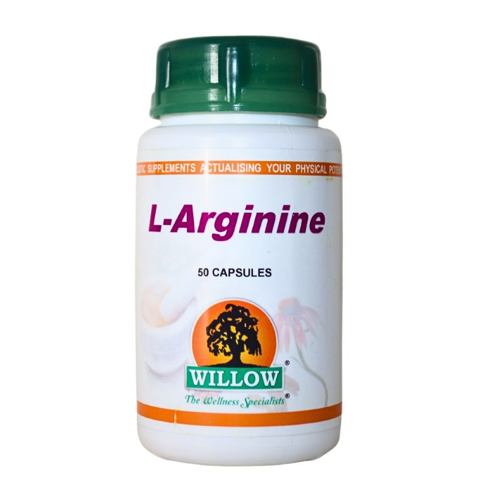 Alt text: Willow L-Arginine supplement in capsule form to support healthy circulation, cardiovascular function, and enhanced exercise performance.