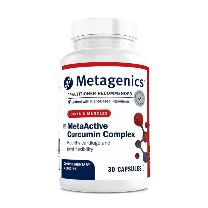METAGENICS MetaActive Curcumin Complex supplement bottle, supports healthy cartilage, joint flexibility and inflammation response naturally