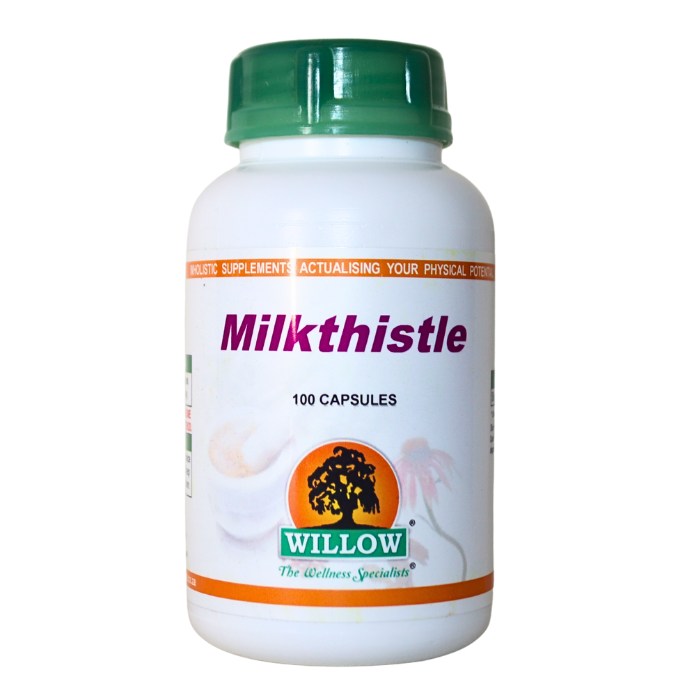 Alt text: Willow Milkthistle supplement in capsule form to support liver health, promote detoxification, and protect against oxidative stress.