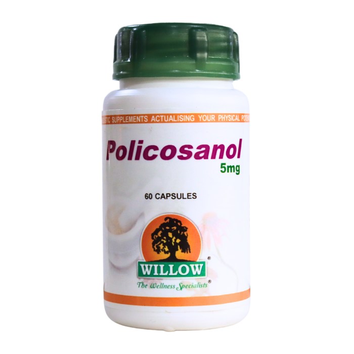 WILLOW Policosanol 5mg supplement bottle, supports heart health, healthy cholesterol levels and cardiovascular wellbeing