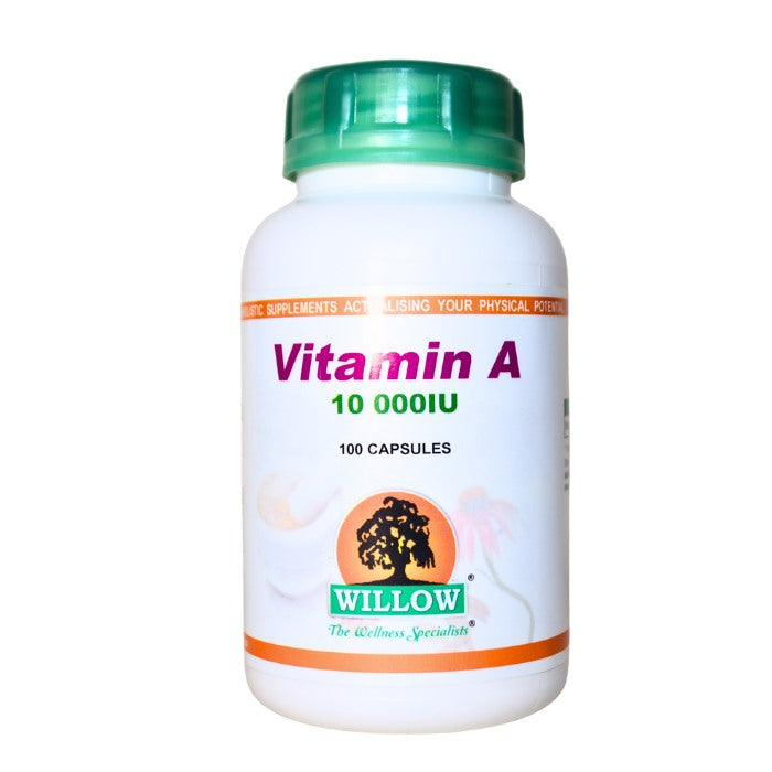 Alt text: Willow Vitamin A 10 000 IU supplement in capsule form to support vision, immune function, skin health, and overall wellness.
