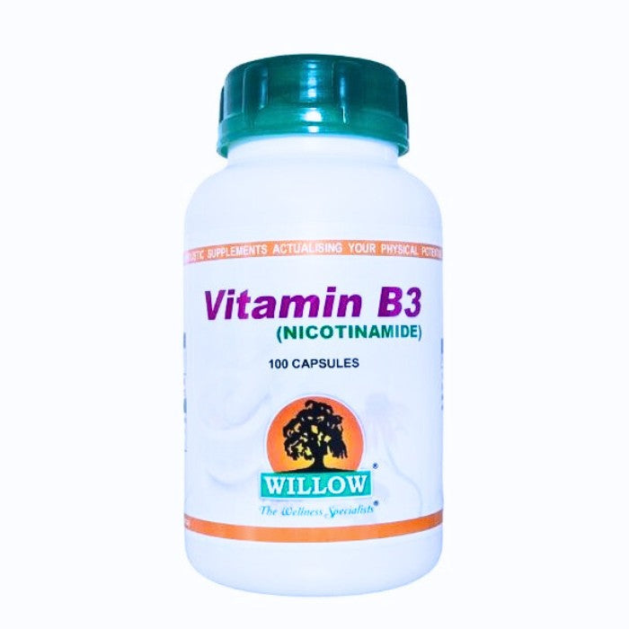 Willow Vitamin B3 (Nicotinamide) is a health supplement that supports energy production, skin health, nervous system function, and overall cellular metabolism.