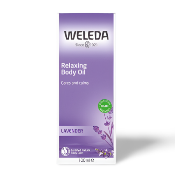 A package of WELEDA Relaxing Body Oil with lavender imagery and product information.