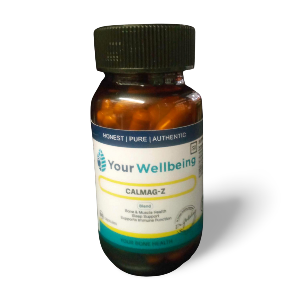 Your Wellbeing Calmag-Z supplement bottle with a black cap, featuring calcium, magnesium, and zinc for bone health, sleep, and immunity.