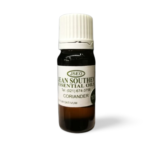 Jean Southey Essential Oils Coriander bottle with a white cap, highlighting premium coriander essential oil for aromatherapy and wellness.