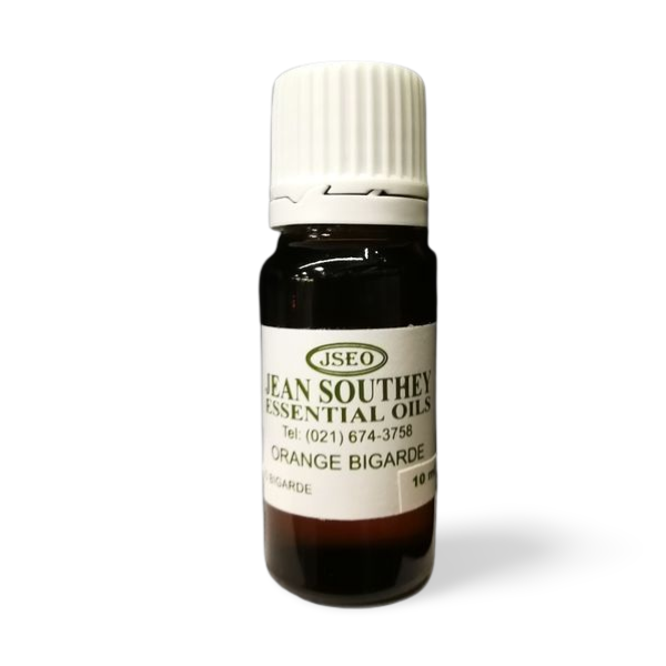 Jean Southey Essential Oils Orange Bigarde 10ml bottle with white cap, featuring orange bigarde oil for aromatherapy uses.