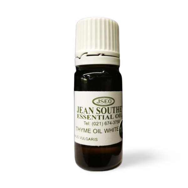 Jean Southey Essential Oils Thyme Oil White 10ml bottle with white cap, featuring thyme oil for aromatherapy and wellness benefits.