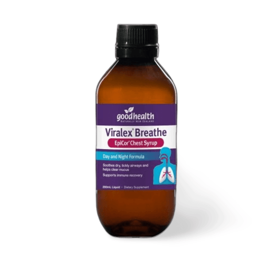 Bottle of cough syrup from Good Health available online from The Good Stuff.