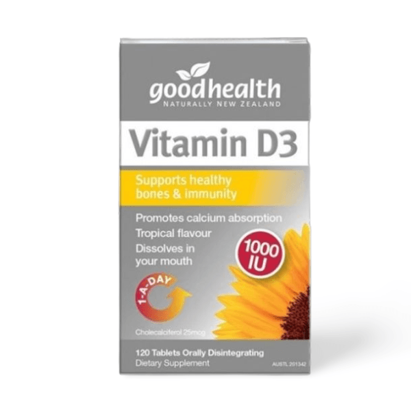 Supplement box including Vitamin D3 tablets from The Good Stuff