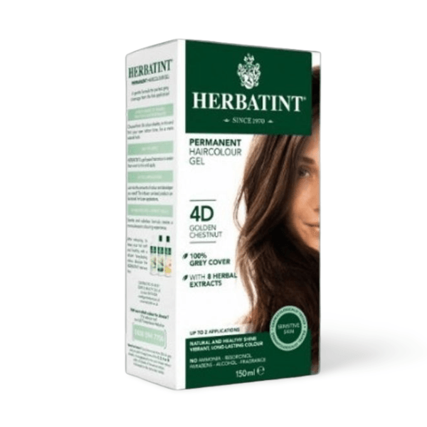 Herbatint 4D Golden Chestnut – permanent herbal hair colour gel offering natural-looking, long-lasting golden brown coverage.