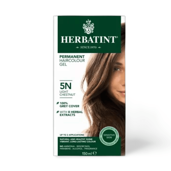 Herbatint 5N Light Chestnut hair dye box with light brown colour swatch and botanical extract symbols on packaging.