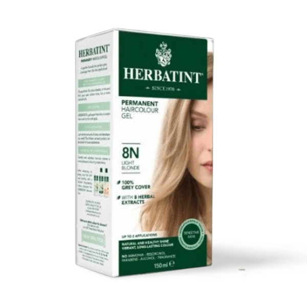 Herbatint 8N Light Blonde hair dye box featuring golden blonde colour swatch and icons of organic herbal extracts on packaging.