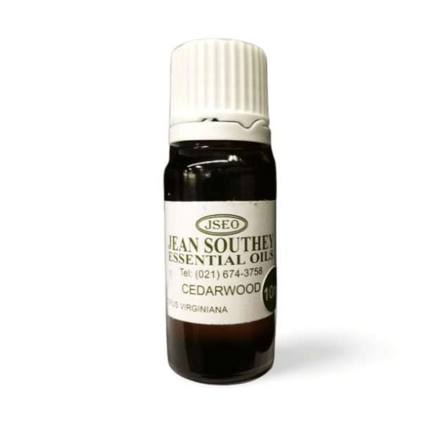 Jean Southey Essential Oils Cedarwood bottle with a white cap, highlighting premium cedarwood essential oil for relaxation and wellness.