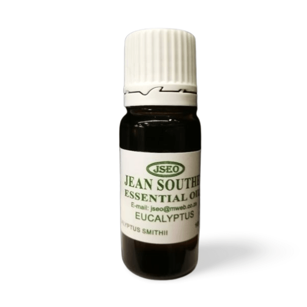 Jean Southey Essential Oils Eucalyptus bottle with a white cap, highlighting premium eucalyptus essential oil for respiratory support and wellness.