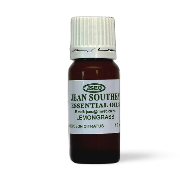 Jean Southey Essential Oils Lemongrass 10ml bottle with white cap, featuring lemongrass oil for aromatherapy and wellness benefits.