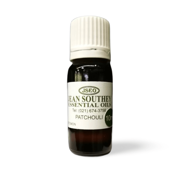 Jean Southey Essential Oils Patchouli 10ml bottle with white cap, offering patchouli oil for aromatherapy and relaxation.