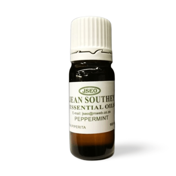 Jean Southey Essential Oils Peppermint 10ml bottle with white cap, featuring peppermint oil for natural aromatherapy and wellness.