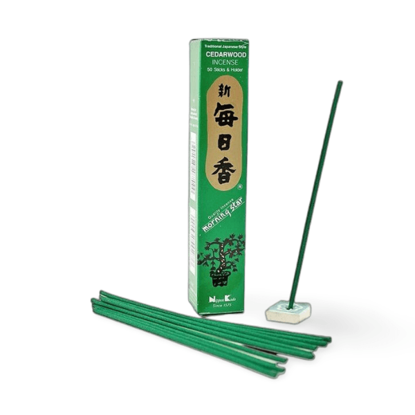 MORNING STAR Cedarwood Incense, a traditional Japanese incense with earthy, woody aroma, includes 50 sticks and a ceramic holder.