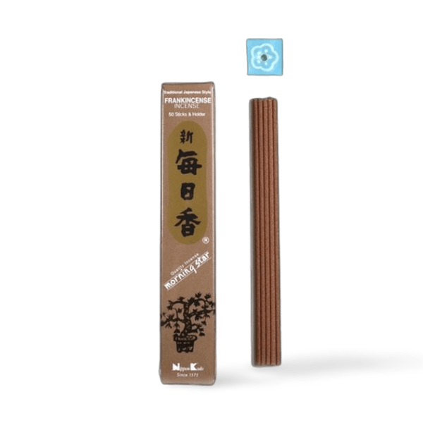 MORNING STAR Frankincense Incense, traditional Japanese incense with a warm, resinous aroma, includes 50 sticks and a ceramic holder.