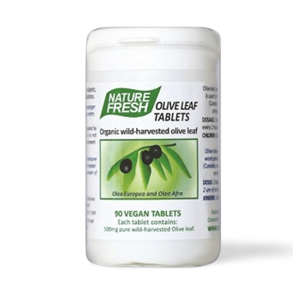 NATURE FRESH Olive Leaf Tablets bottle featuring whole-leaf formulation for immune, cardiovascular, and antimicrobial support.