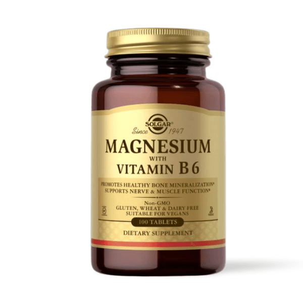 Bottle of SOLGAR Magnesium with Vit B6 tablets – supplement for stress, muscle, and bone support