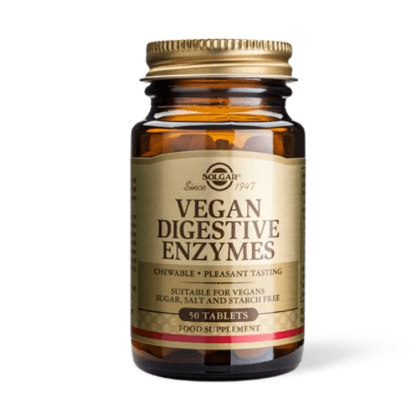 SOLGAR Vegan Digestive Enzymes – chewable, plant-based enzyme tablets to support digestion and nutrient absorption, made with clean ingredients.
