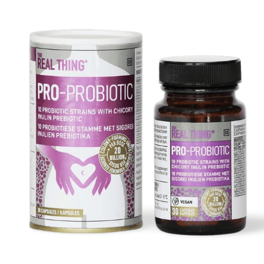 Nothing but billions of colony-forming units of beneficial probiotics with chicory inulin, oligofructose prebiotic of 100% vegetable origin, The Real Thing Pro-Probiotic supplement from The Good Stuff