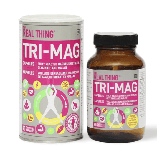 The Real Thing Tri-Mag Capsules includes chelated Magnesium that consists of 3 forms of Magnesium, i.e. Magnesium citrate, Magnesium bisglycinate and Magnesium malate. A chelated mineral is one that has formed a specific bond with an organic compound. Order The Real Thing supplements from The Good Stuff.