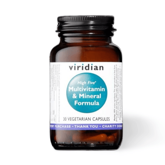 Viridian High Five Multivit & Mineral Complex is a one-a-day best-selling multivitamin and mineral from Viridian Nutrition.   The 'High Five' refers to the higher level of Vitamin B5 (pantothenic acid) found in this formula - The good Stuff Heal Shop