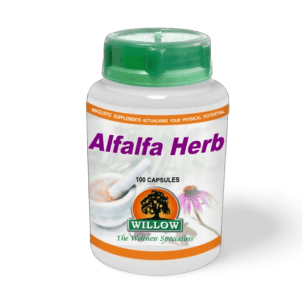 Willow Alfalfa Herb supplement bottle – clean, plant-based source of vitamins and minerals for natural energy, balance and wellbeing.
