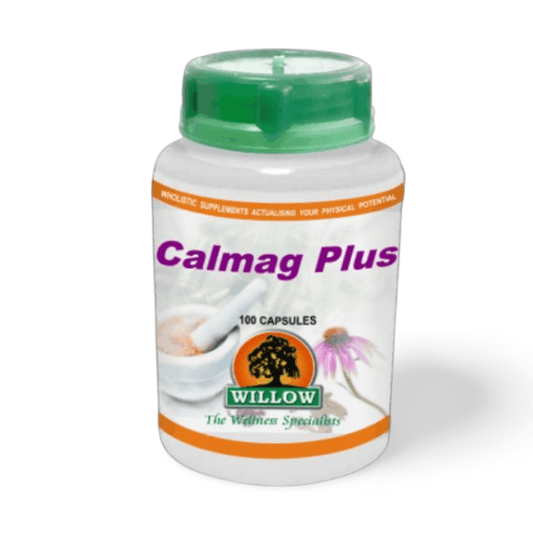 WILLOW Calmag Plus is for osteoporosis, muscle spasm, ADHD, alcoholism, anxiety, autism, lower back pain, bone nutrition/fractures, cerebrovascular health, temporomandibular joints (TMJ), constipation, headaches, hyperactivity, irritable bowel syndrome (IBS), muscle aches & pains, neuralgia, panic attacks, premenstrual tension syndrome (PMS), restless leg syndrome, shock, spasms (digestive and intestinal) and insomnia. available from The Good Stuff.