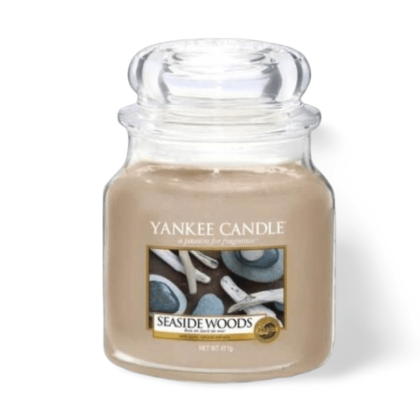 YANKEE Classic Candle - Seaside Woods with citrus, floral and driftwood notes in a long-lasting soy wax blend for calming coastal ambience