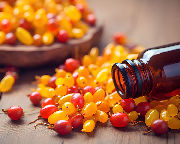 Berberine supplement with golden and red berries spilling beside amber glass bottle – The Good Stuff health collection