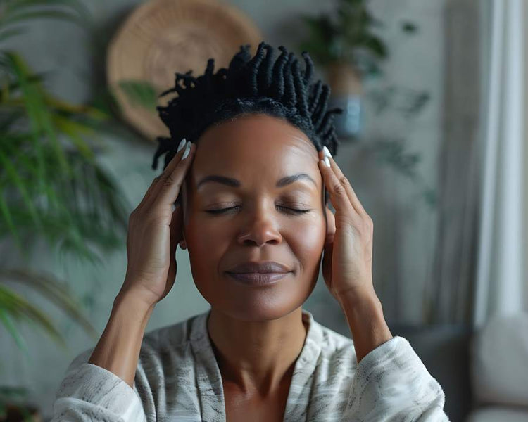 Calm woman practising mindfulness with hands on temples, representing Best Brain Supplements For Adults – The Good Stuff South Africa