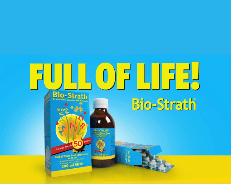 Bio-Strath supplement packaging—elixir bottle, tablets, and box—on blue-yellow background with “FULL OF LIFE!” headline.