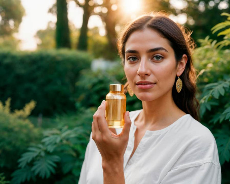 Woman holding a bottle of cold pressed castor oil outdoors at sunset – The Good Stuff natural beauty and wellness collection