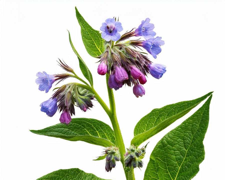 Comfrey plant with purple and blue bell-shaped flowers and green leaves – natural remedy for Comfrey Ointment at The Good Stuff