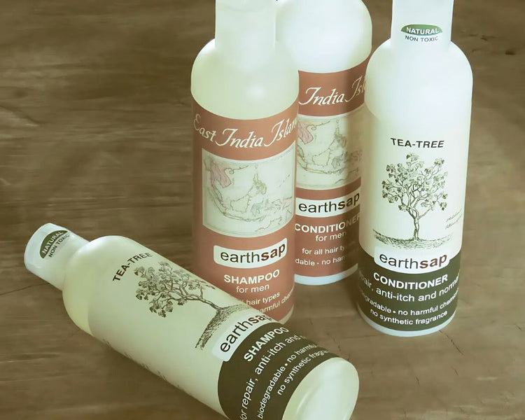 Earthsap Products - The Good Stuff featuring natural, non-toxic shampoo and conditioner for men with tea tree and East India scents