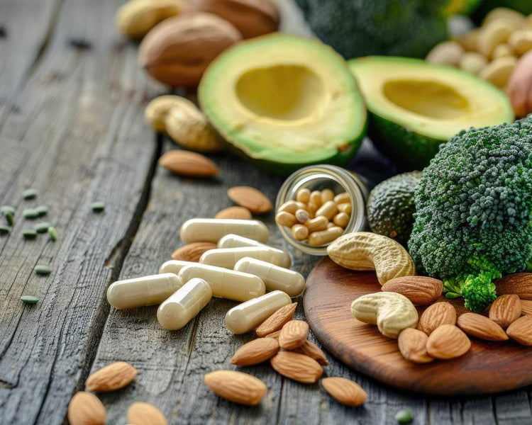 Magnesium Glycinate supplements with almonds, cashews, avocado, and broccoli on rustic wooden table – The Good Stuff